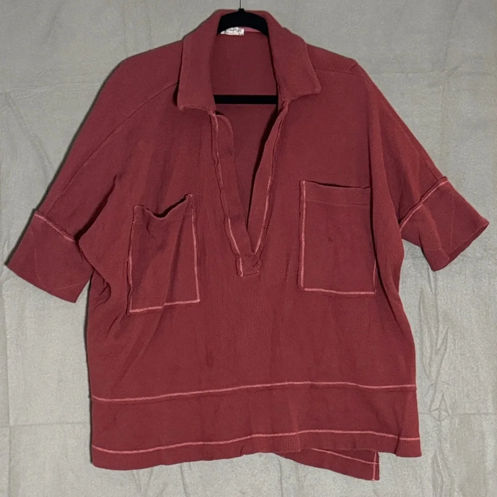 Free People Burgundy Waffle Knit V-neck Pullover - Picture 1 of 5